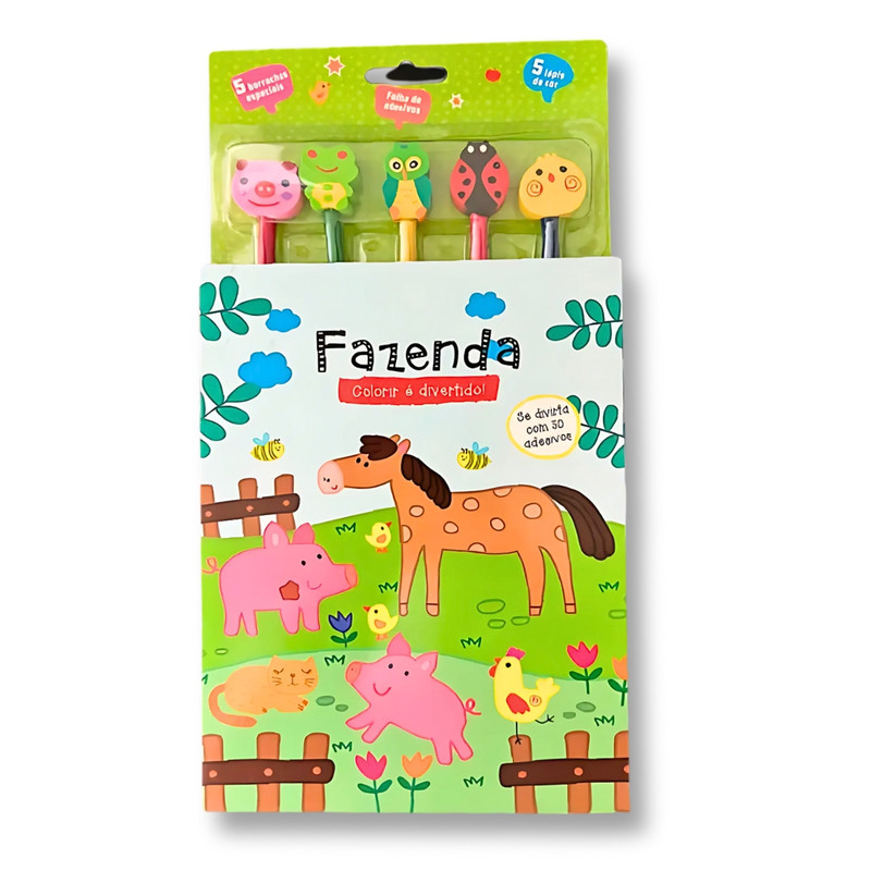 Adesivos | Colorir É Divertido | Fazenda | Com Lápis De Cor e Borracha